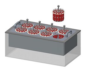 Do víka s vyjímatelnými koncentrickými kroužky lze vložit kulaté stojany na zkumavky. Stojany mají nastavitelnou výšku v rozmezí 70 až 120 mm a lze je tak použít do lázní s hloubkou ponoru 100 nebo 150 mm.