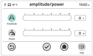 Nastavení amplitudy v rozsahu 10 – 100 % (krok 1 %). Alternativou je možnost nastavení výkonu ve wattech.