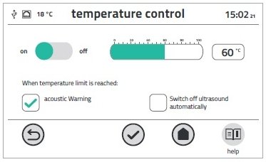 Teplotní čidlo TM 5000 zajišťuje nepřetržité sledování teploty vzorku. Při dosažení mezní teploty buď zazní zvukový alarm nebo se ultrazvuk automaticky vypne (dle vašeho nastavení). Teplotní čidlo se objednává samostatně.