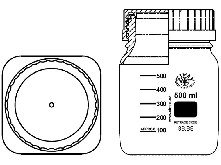 Láhev reagenční s modrým uzávěrem, hranatá, SIMAX